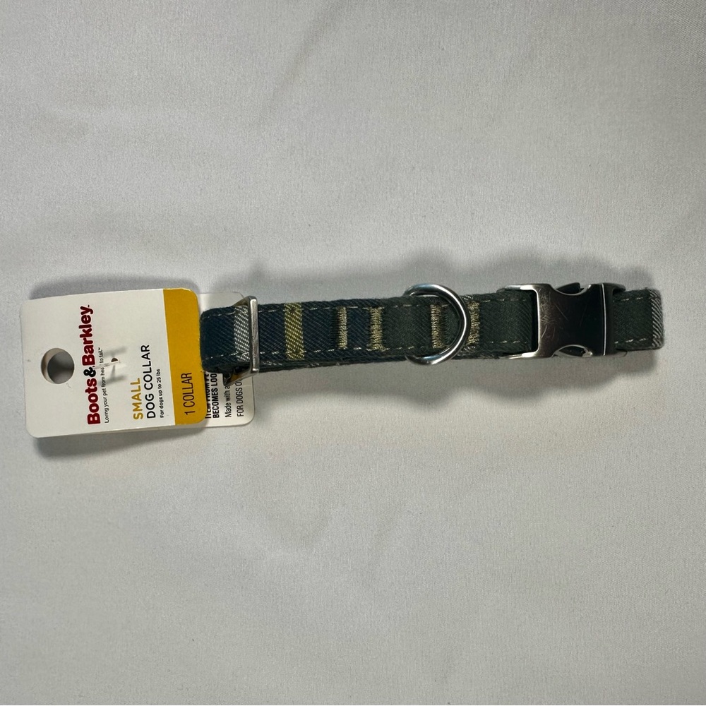 Boots & Barkley Railroad Stripe Dog Collar Silver Toned Buckle Small Blue Green